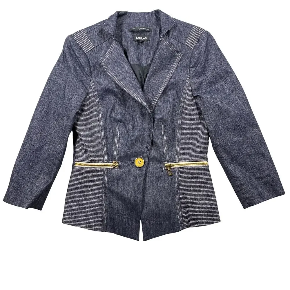 Bebe Blazer Jacket Womens 2 Blue Luxury Blend Fitted 3/4 Sleeve Italian Fabric